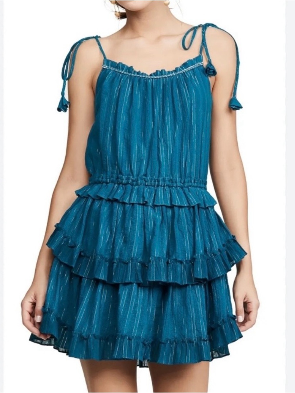 Misa Los Angeles Teal Tiered Ruffle Mini Dress with Tie Straps